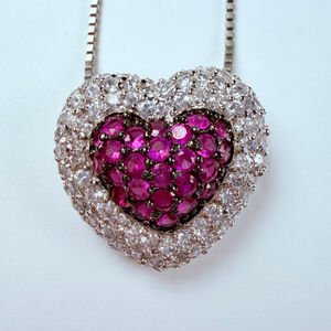 Genuine Ruby & Cubic Zirconia Pave Heart Sterling Silver 925 Pendant Necklace